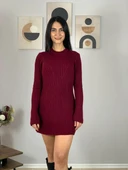 Kadın Mini Fitilli Kışlık Triko Elbise (Bordo) - 6