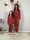 Anne Kız Kombin Önden Düğmeli Bebe Yaka %100 Pamuk Girl Desenli Pijama Takımı (Kırmızı) thumbnail 2