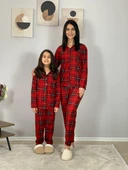 Anne Kız Kombin Önden Düğmeli Bebe Yaka %100 Pamuk Ekose Desenli Pijama Takımı (Kırmızı) - 3