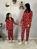 Anne Kız Kombin Önden Düğmeli Bebe Yaka %100 Pamuk Girl Desenli Pijama Takımı (Kırmızı) thumbnail 5