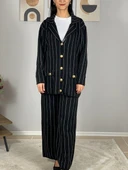 Kadın Ceket Yaka Gold Düğmeli Hırka ve Yüksek Bel Pantolon Alt Üst Triko Takım (Siyah) thumbnail 6