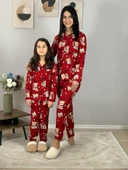 Anne Kız Kombin Önden Düğmeli Bebe Yaka %100 Pamuk Teddy Ayıcık Desenli Pijama Takımı (Kırmızı) thumbnail 3
