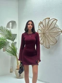 Sırt Pencereli Mini Triko Elbise - Bordo - 5