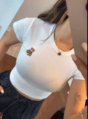 Bisiklet Yaka Kısa Kollu Nakışlı Crop - Beyaz - 3