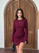Sırt Pencereli Mini Triko Elbise - Bordo - 1