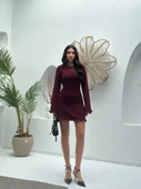 Sırt Pencereli Mini Triko Elbise - Bordo - 6