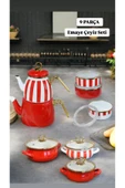 9 Parça Kırmızı Çizgili Emaye Çeyiz Seti thumbnail 1