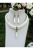 Kristal Taşlı İnci Sallantılı Tasma İnci Kolye ve İnci Küpe - 1