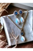 Safir Mavi Oval Kristal Taşlı Mayorka İnci Kolye ve Mayorka İnci Küpe Seti - 2