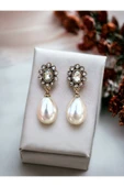 Oval Kristal Taşlı İnci Küpe - 11