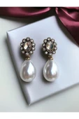 Oval Kristal Taşlı İnci Küpe - 8