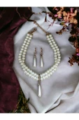 Kristal Taşlı İnci Sallantılı Tasma İnci Kolye ve İnci Küpe - 2