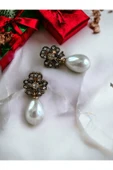 Kristal Taşlı Fiyonk Figürlü İnci Küpe - 1
