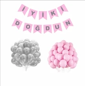 PEMBE-GÜMÜŞ MINI BALON+BANNER SETİ - 1