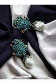Kurbağa Figür İnci Sallantılı Küpe - 4