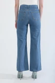Kadın Yüksek Bel Bol Paça %100 Pamuk Mavi Jean Pantolon thumbnail 7