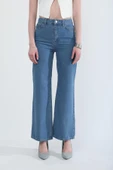 Kadın Yüksek Bel Bol Paça %100 Pamuk Mavi Jean Pantolon thumbnail 1