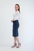 Önden Yırtmaçlı Likralı Midi Jean Etek - 3