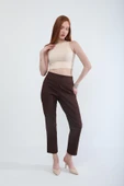 Kadın Beli Lastikli Likralı Yan Cepli Jean Pantolon Kahverengi - 4