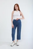 Kadın Beli Lastikli Likralı Yan Cepli Jean Pantolon Mavi - 1