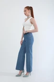 Kadın Yüksek Bel Bol Paça %100 Pamuk Mavi Jean Pantolon thumbnail 3