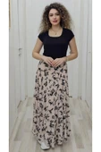 Bel Lastikli Flok Baskılı Kloş Şifon Etek 6003-Siyah/Pudra - 1