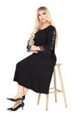 Melsay Butik Siyah Bisiklet Yaka Truvakar Kol Dantel Detaylı Abiye Elbise - 2