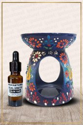 Nakış İşlemeli Seramik Buhurdanlık Lacivert ve Çilek Yağı Setli - 1