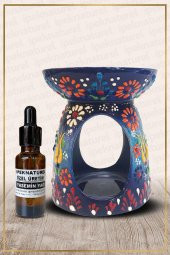 Nakış İşlemeli Seramik Buhurdanlık Lacivert ve Yasemin Yağı Setli - 1