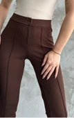 Kadın  Krep Kumaş Dar Paça Beli Lastikli Kahverengi Çizgi Detaylı  Pantolon - 2
