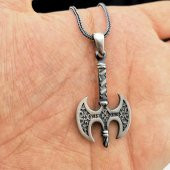 Çift Taraflı Balta Tasarımlı Kalın Zincirli 925 Ayar Gümüş Kolye thumbnail 2