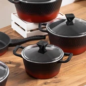 Lines L-5087 Titanyum Döküm Tencere Seti 9 Parça Siyah Kızıl Geçişli thumbnail 2