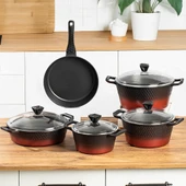 Lines L-5087 Titanyum Döküm Tencere Seti 9 Parça Siyah Kızıl Geçişli thumbnail 1