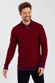 Tarz Cool Erkek Bordo Polo Yaka Desenli Çizgili Triko - 1