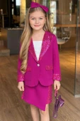 Kız Çocuk Bilekleri ve Yakası Pulpayet Detay Blazer Ceket Asimetrik Kesim Pullu Mor Etekli Takım thumbnail 2