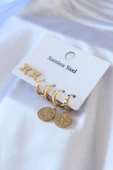 316L Çelik Gold Renk Zirkon Taş Detay Çiçek İşleme Kadın Küpe Seti - TJ-BKP7709 - 1