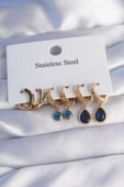 316L Çelik Gold Renk Oval Tasarım Mavi Zirkon Taşlı Damla Model Küpe Seti - TJ-BKP9028 - 1
