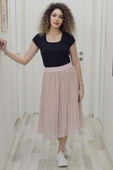 Beli Lastikli Pliseli Etek 6018-Pudra - 2