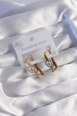 316L Çelik Gold Renk İnci Taşlı Dikdörtgen Model Küpe - TJ-BKP9060 - 2