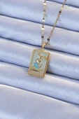 316L Çelik Zincir Altın Renk Mavi Mineli Tarot Kolye - TJ-BKO9211 - 1