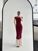 Striptiz Omuzlu Uzun Elbise- Bordo - 5