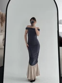 Striptiz Omuzlu Uzun Elbise- Füme thumbnail 5