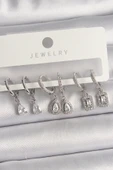 Pirinç Gümüş Renk Sallantı Zirkon Taşlı Damla Model Kadın Küpe Seti - TJ-BKP10121 thumbnail 1