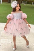 Kız Çocuk Düşük Omuzlu Balon Kollu Göğsü Pulpayet İşlemeli Üzeri Yusufçuk Detaylı Pembe Abiye thumbnail 1
