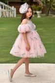 Kız Çocuk Düşük Omuzlu Balon Kollu Göğsü Pulpayet İşlemeli Üzeri Yusufçuk Detaylı Pembe Abiye thumbnail 4