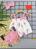 3-6-9-12 Ay Bandajlı Ve Kilotlu Ananas Desenli Askılı 3lü Kız Bebek Elbisesi Pembe - 1