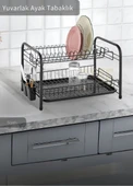 2 Katlı Bulaşıklık Tezgah Üstü Tabaklık BPA FREE Bulaşık Sepeti Yuvarlak Ayak Siyah thumbnail 2