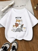Çocuk Meow baskılı Pamuklu Tshirt - 1