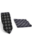 Gri Yuvarlak Desenli Siyah Dokuma Kumaş Mendilli Slim Fit Kravat // SDK-250204 thumbnail 2