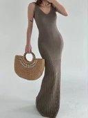 Örgülü Uzun Triko Elbise - Kahve thumbnail 7